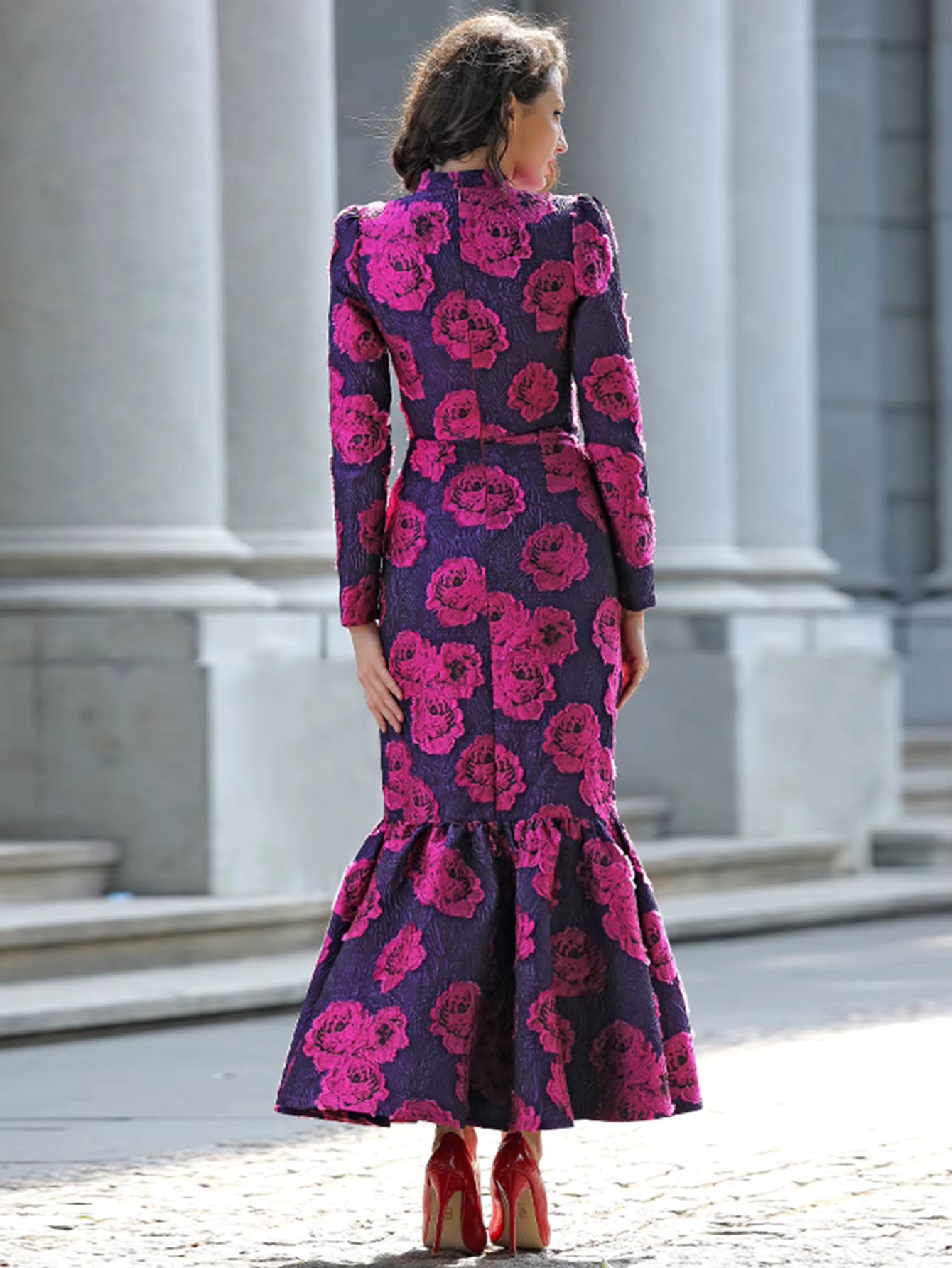 Elegant Brocade Vintage Flowers Slim Clothing Stand Collar Maxi Dresses
