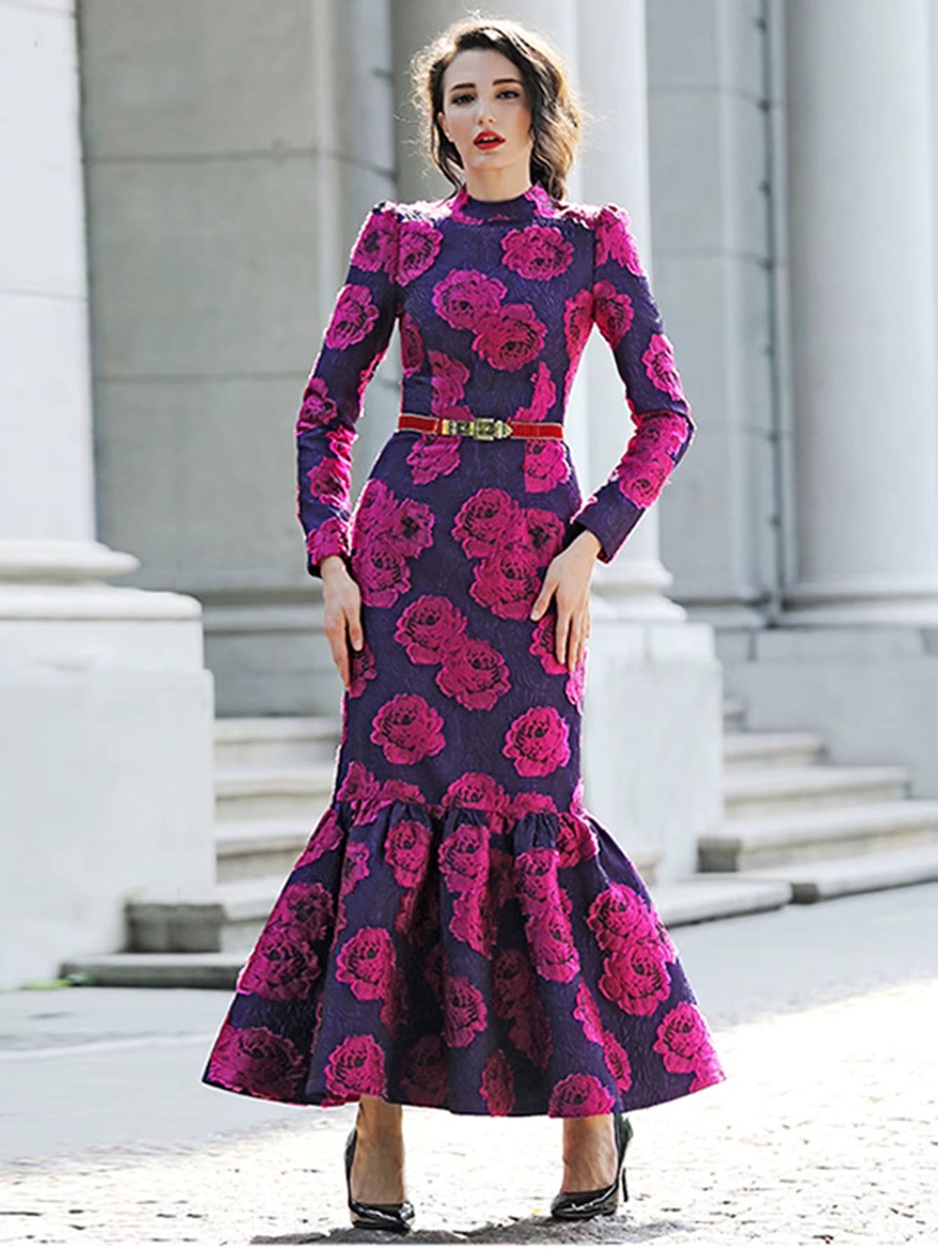Elegant Brocade Vintage Flowers Slim Clothing Stand Collar Maxi Dresses