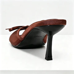 Elegant Brown Mesh Slippers Bow Decoration Slide Sandals Peep Toe Thin High Heel