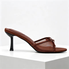 Elegant Brown Mesh Slippers Bow Decoration Slide Sandals Peep Toe Thin High Heel