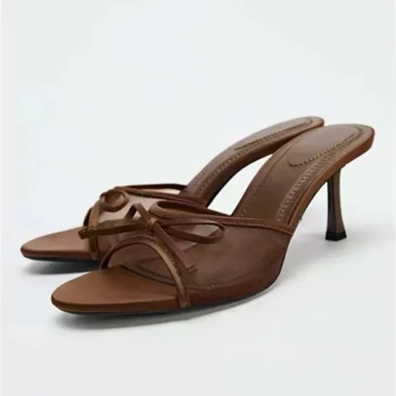 Elegant Brown Mesh Slippers Bow Decoration Slide Sandals Peep Toe Thin High Heel