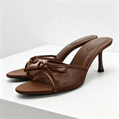 Elegant Brown Mesh Slippers Bow Decoration Slide Sandals Peep Toe Thin High Heel