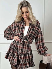 Elegant  Print Casual Lapel Long Sleeve Button Shirts And High Waist Pleated Mini Skirts Set
