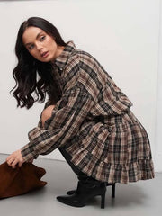 Elegant  Print Casual Lapel Long Sleeve Button Shirts And High Waist Pleated Mini Skirts Set