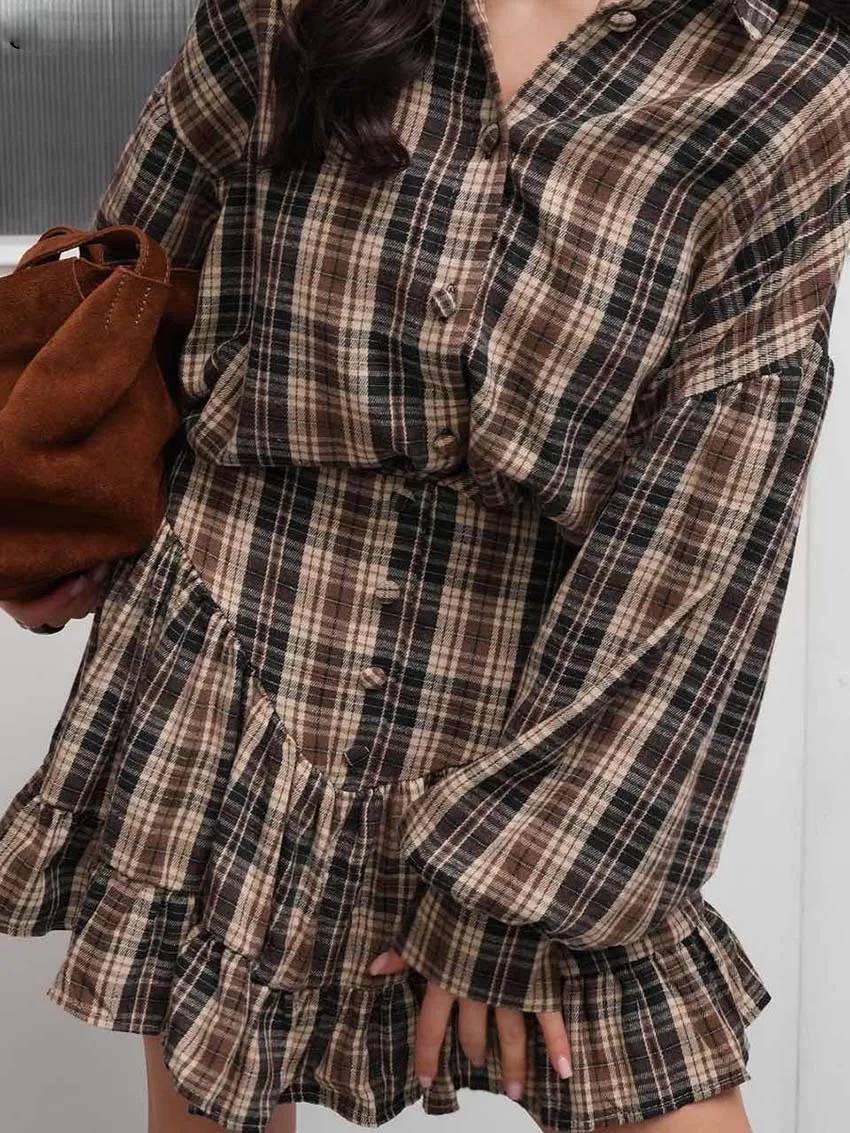 Elegant  Print Casual Lapel Long Sleeve Button Shirts And High Waist Pleated Mini Skirts Set