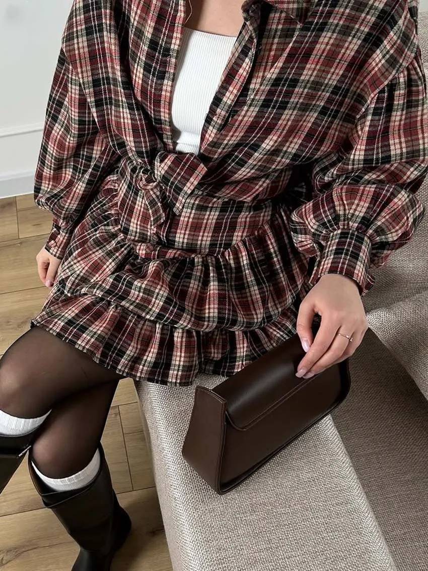 Elegant  Print Casual Lapel Long Sleeve Button Shirts And High Waist Pleated Mini Skirts Set