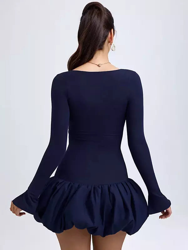 Elegant Bubble Hem Drop-Waist  Round Neck Long Sleeve Bodycon Mini Dress