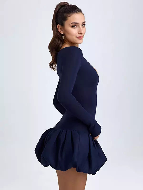 Elegant Bubble Hem Drop-Waist  Round Neck Long Sleeve Bodycon Mini Dress