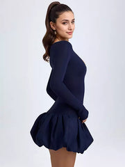 Elegant Bubble Hem Drop-Waist  Round Neck Long Sleeve Bodycon Mini Dress