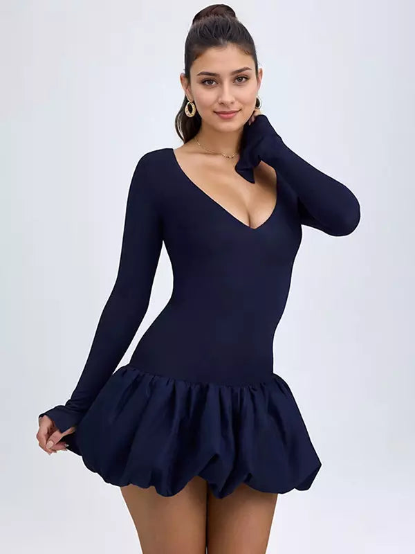 Elegant Bubble Hem Drop-Waist  Round Neck Long Sleeve Bodycon Mini Dress