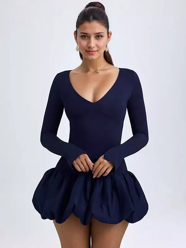 Elegant Bubble Hem Drop-Waist  Round Neck Long Sleeve Bodycon Mini Dress