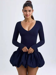 Elegant Bubble Hem Drop-Waist  Round Neck Long Sleeve Bodycon Mini Dress