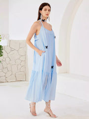 Elegant Butterfly Detail Slip Pleated Sleeveless Long Dress