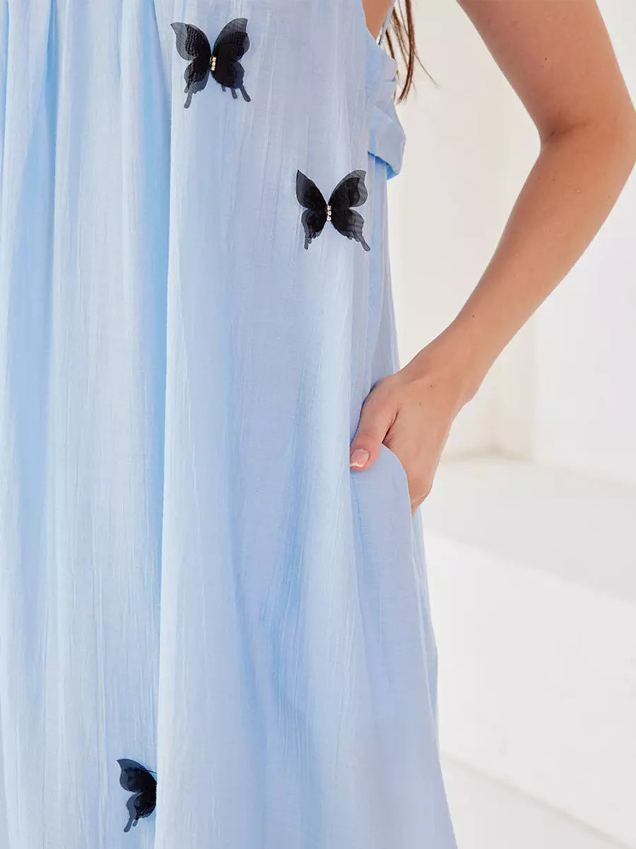 Elegant Butterfly Detail Slip Pleated Sleeveless Long Dress