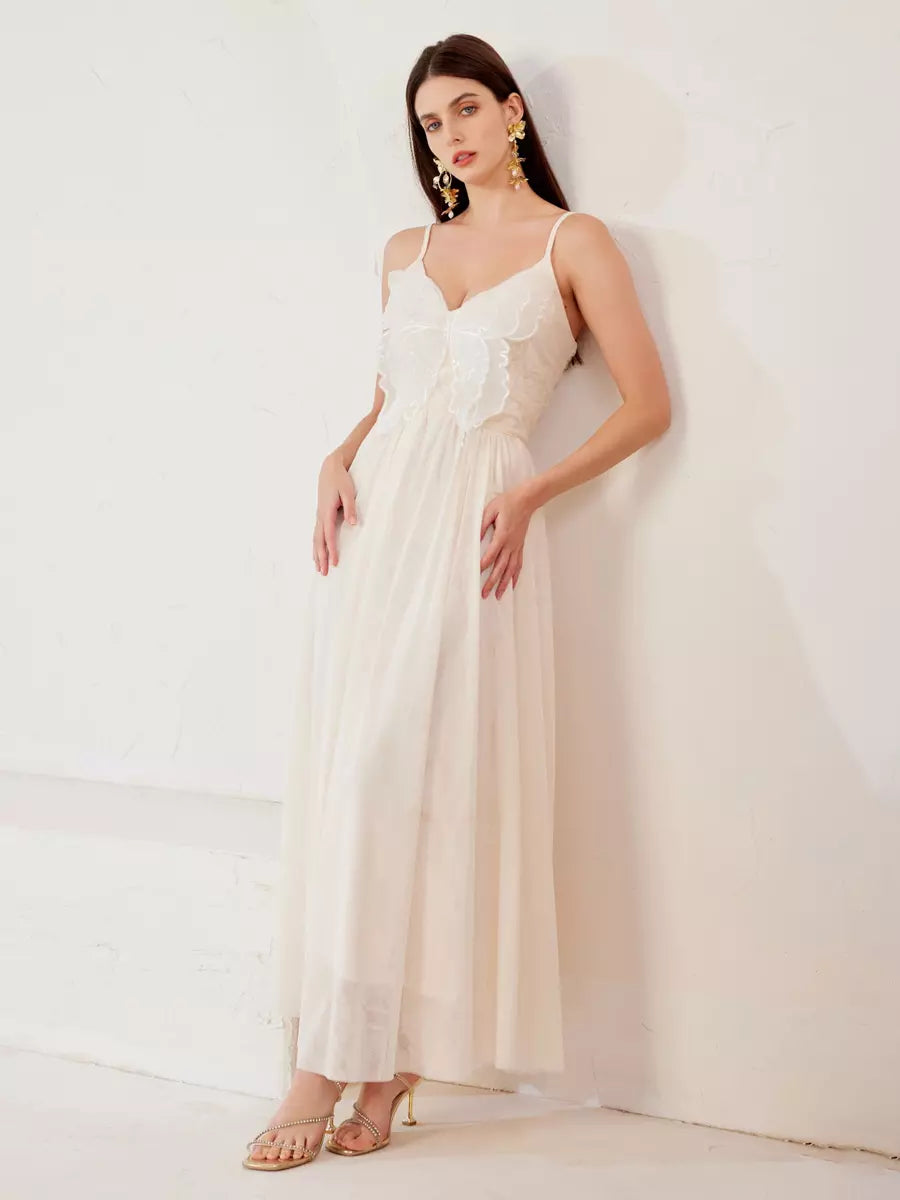 Elegant Butterfly Spaghetti Straps Flowy Sleeveless Maxi Dress