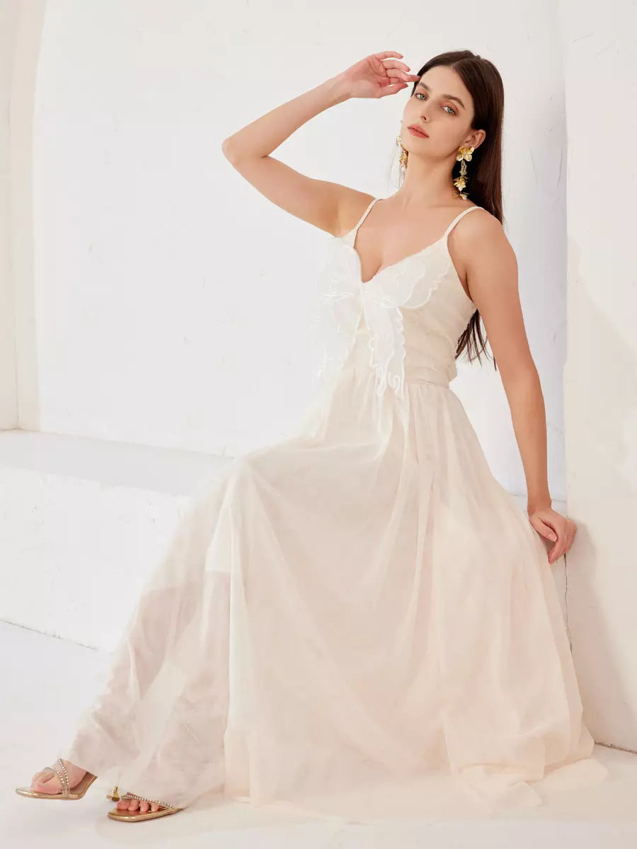 Elegant Butterfly Spaghetti Straps Flowy Sleeveless Maxi Dress