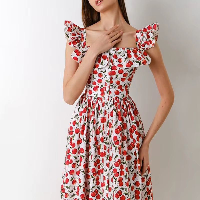 Elegant Button Pleated Floral Print Hight Waist Square Neck Flying Sleeve Maxi Dress
