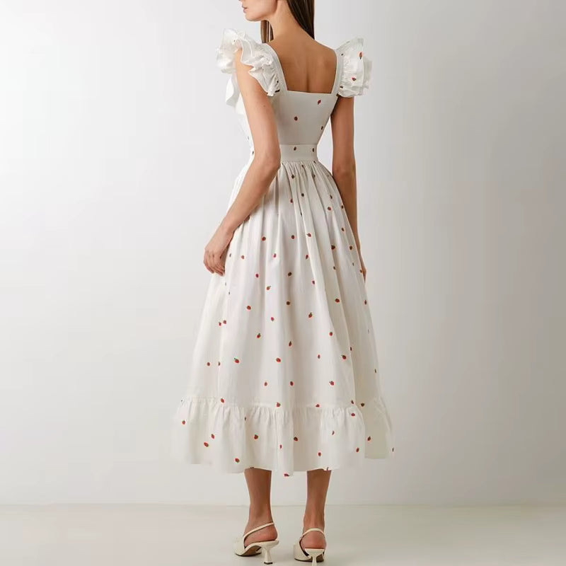 Elegant Button Pleated Floral Print Hight Waist Square Neck Flying Sleeve Maxi Dress