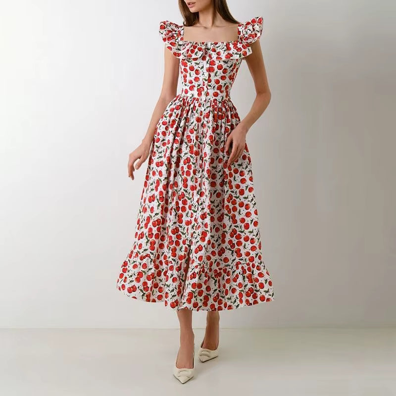 Elegant Button Pleated Floral Print Hight Waist Square Neck Flying Sleeve Maxi Dress