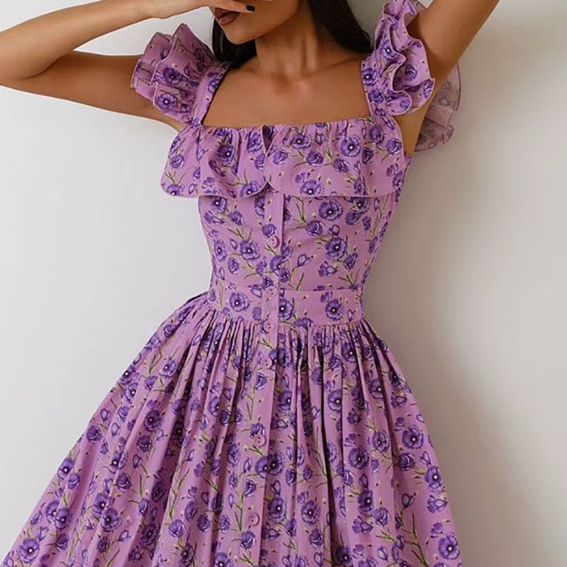 Elegant Button Pleated Floral Print Hight Waist Square Neck Flying Sleeve Maxi Dress