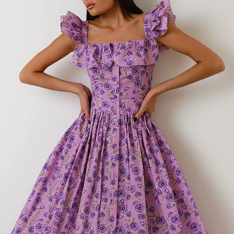Elegant Button Pleated Floral Print Hight Waist Square Neck Flying Sleeve Maxi Dress