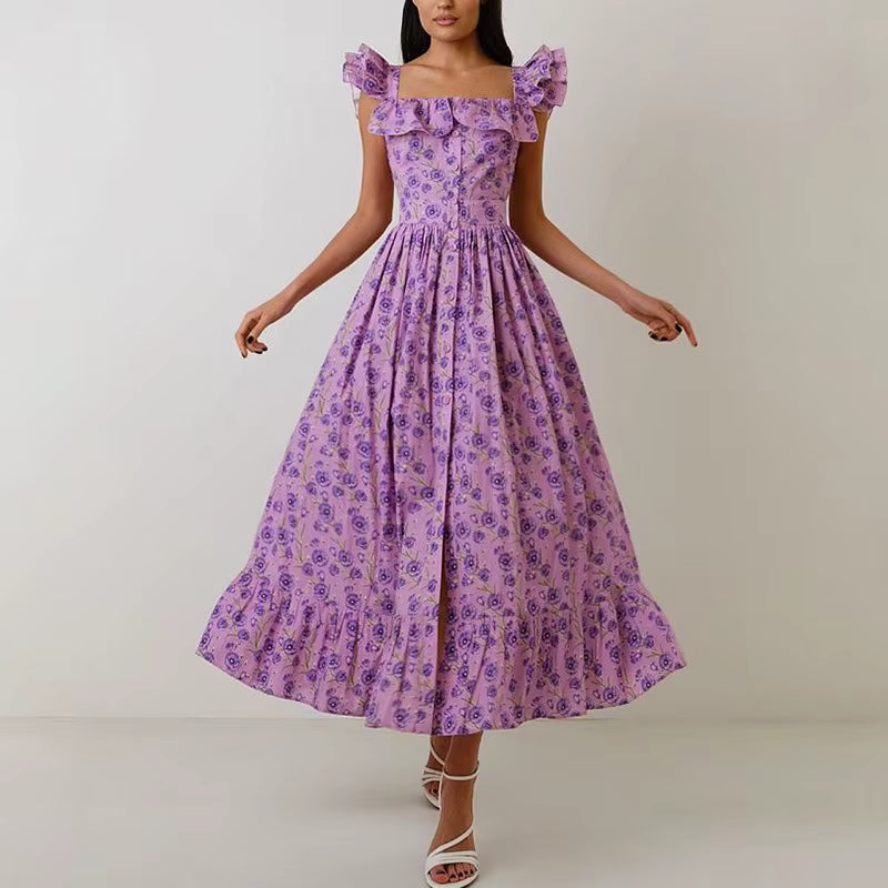 Elegant Button Pleated Floral Print Hight Waist Square Neck Flying Sleeve Maxi Dress
