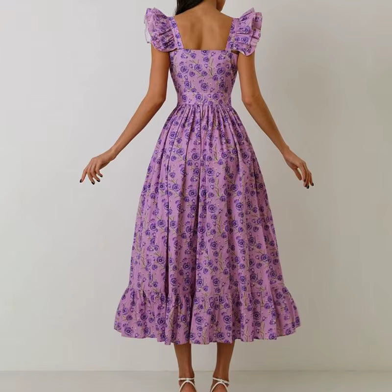 Elegant Button Pleated Floral Print Hight Waist Square Neck Flying Sleeve Maxi Dress