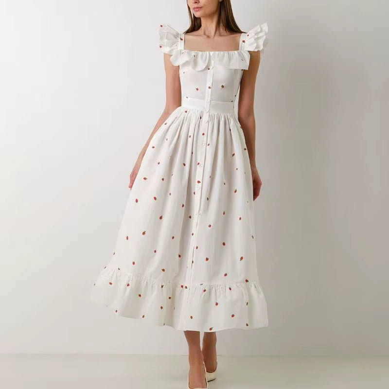 Elegant Button Pleated Floral Print Hight Waist Square Neck Flying Sleeve Maxi Dress