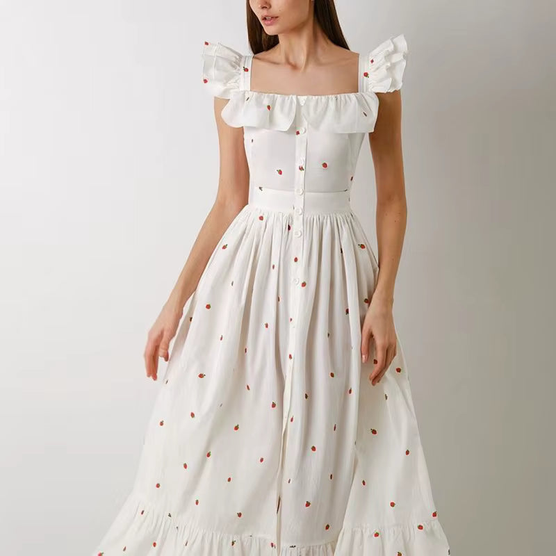 Elegant Button Pleated Floral Print Hight Waist Square Neck Flying Sleeve Maxi Dress