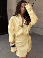 Elegant Button Pockets Shirts And Lace-Up Mini Skirt 2 Pieces Set