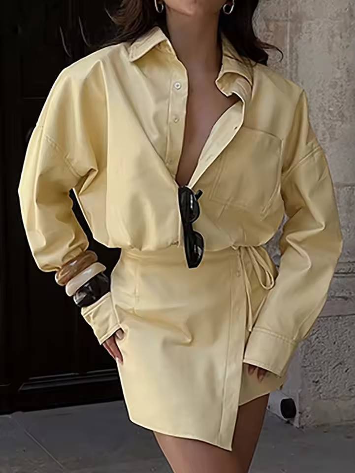 Elegant Button Pockets Shirts And Lace-Up Mini Skirt 2 Pieces Set