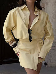 Elegant Button Pockets Shirts And Lace-Up Mini Skirt 2 Pieces Set