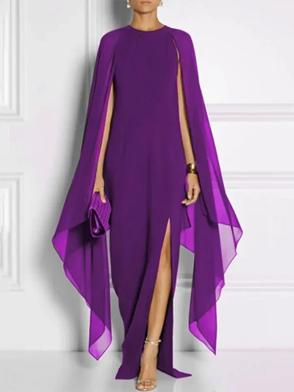 Elegant Cape Sleeves Solid Color Split-side Party Banquet Evening Dresses
