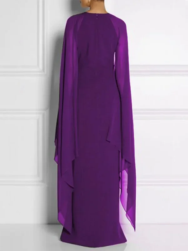 Elegant Cape Sleeves Solid Color Split-side Party Banquet Evening Dresses