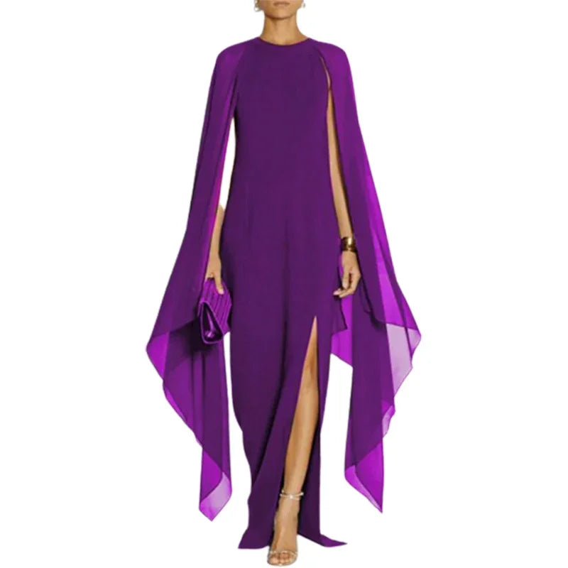 Elegant Cape Sleeves Solid Color Split-side Party Banquet Evening Dresses