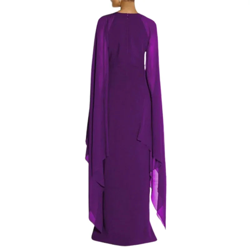 Elegant Cape Sleeves Solid Color Split-side Party Banquet Evening Dresses