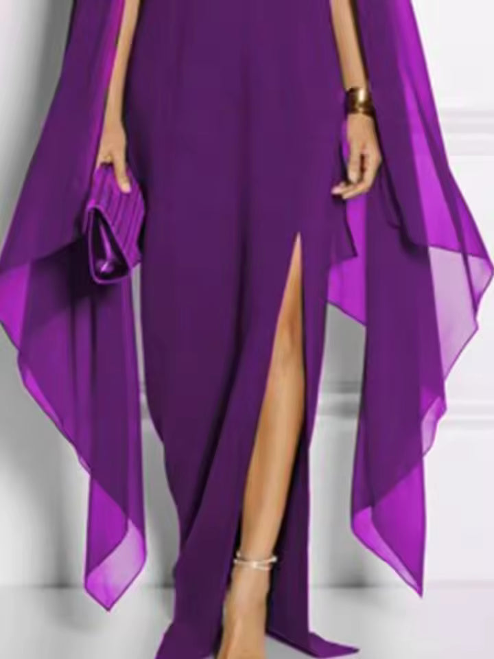 Elegant Cape Sleeves Solid Color Split-side Party Banquet Evening Dresses
