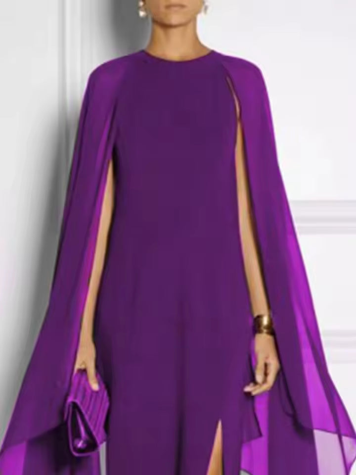 Elegant Cape Sleeves Solid Color Split-side Party Banquet Evening Dresses