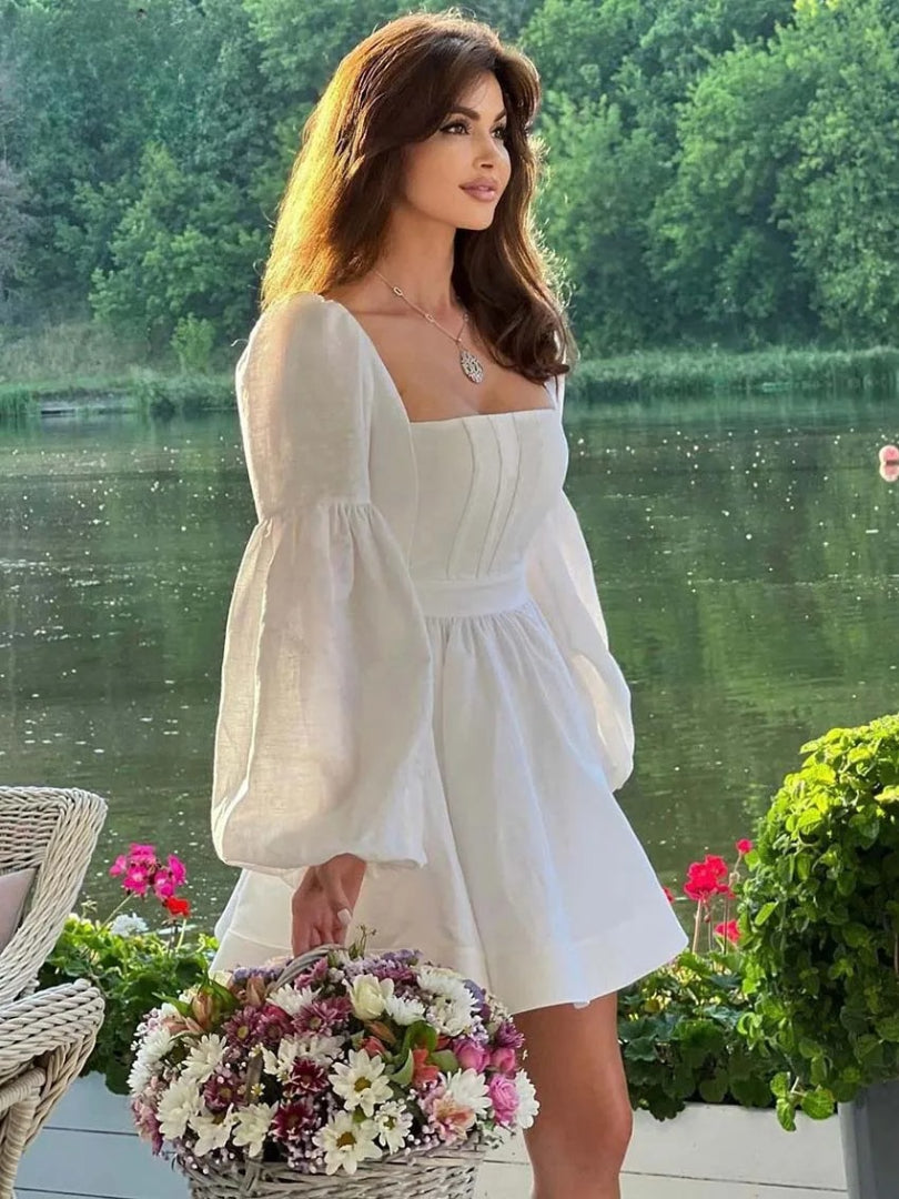 Elegant Casual Square Neck Puff Sleeve High Waisted Mini Dresses