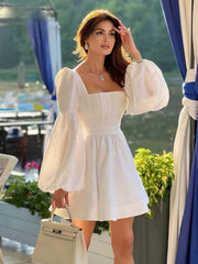 Elegant Casual Square Neck Puff Sleeve High Waisted Mini Dresses
