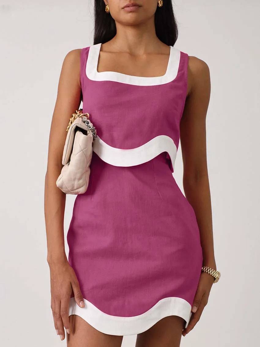 Elegant Casual Patchwork Square Neck Sleeveless Crop Tops And High Waist Mini Skirts Sets