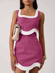 Elegant Casual Patchwork Square Neck Sleeveless Crop Tops And High Waist Mini Skirts Sets