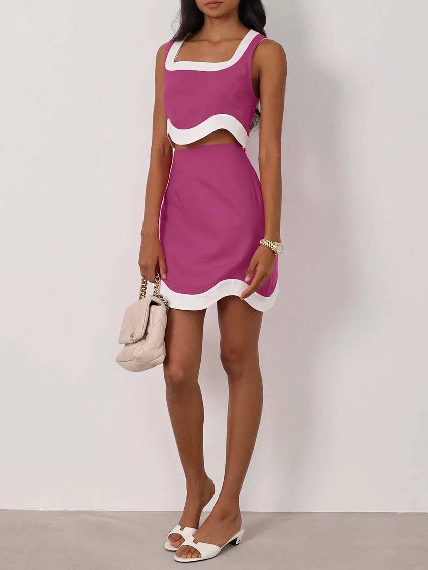 Elegant Casual Patchwork Square Neck Sleeveless Crop Tops And High Waist Mini Skirts Sets