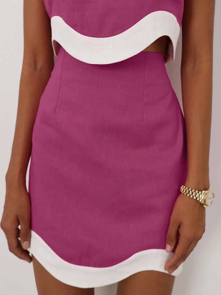 Elegant Casual Patchwork Square Neck Sleeveless Crop Tops And High Waist Mini Skirts Sets