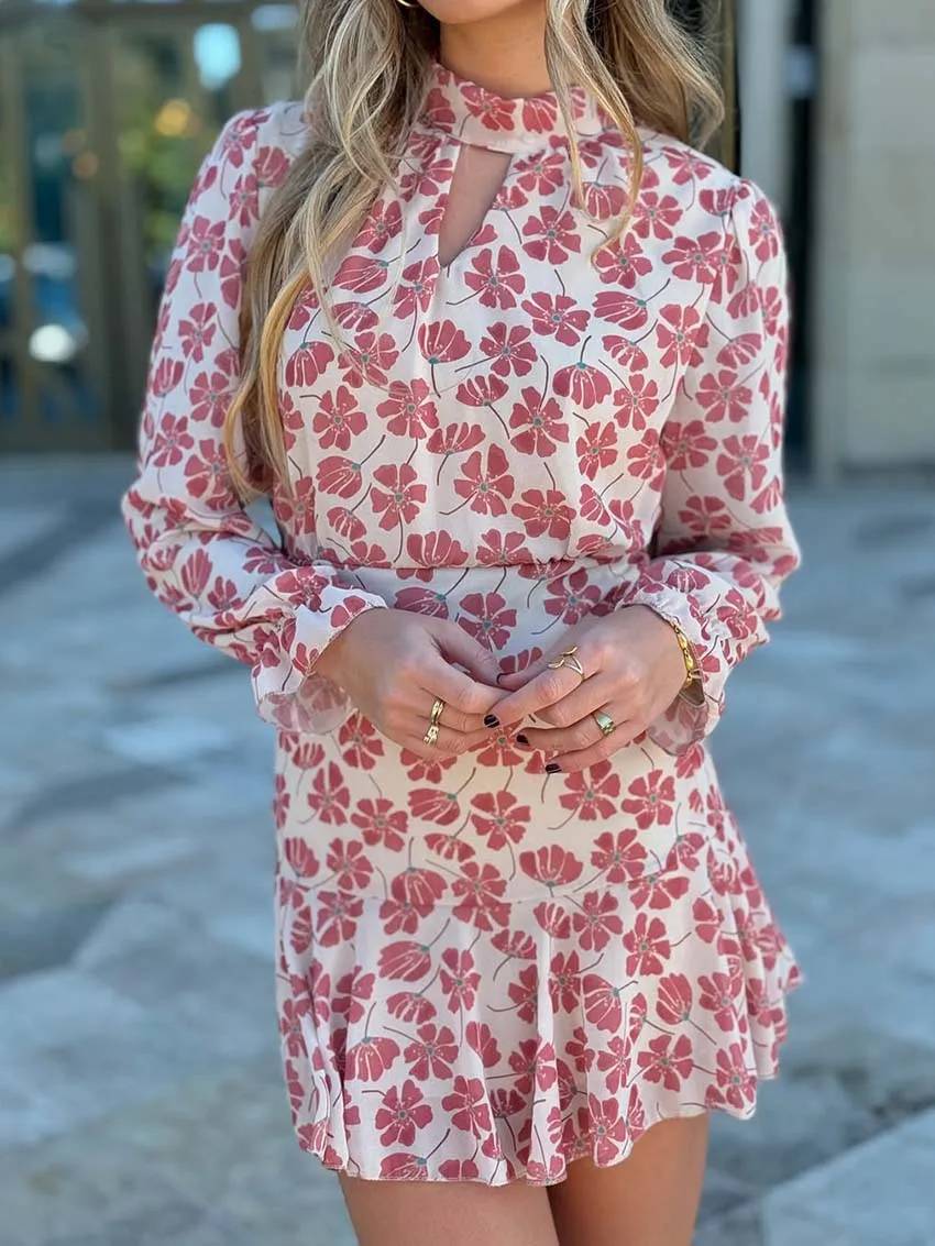 Elegant Casual Print Long Sleeve Turtleneck Hollow Out High Waist Hollow Out Dresses