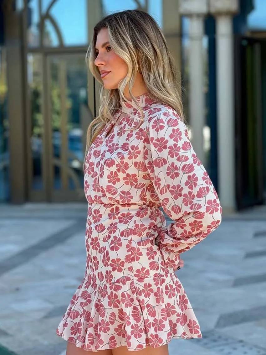 Elegant Casual Print Long Sleeve Turtleneck Hollow Out High Waist Hollow Out Dresses