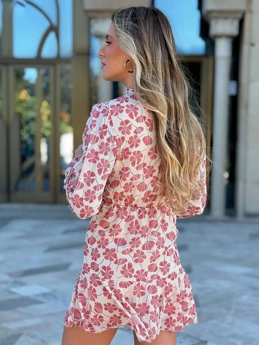 Elegant Casual Print Long Sleeve Turtleneck Hollow Out High Waist Hollow Out Dresses