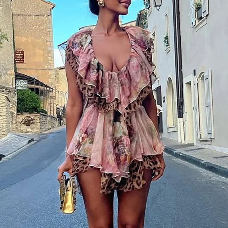 Elegant Casual Sleeveless Pleat Ruffle Deep V-neck Print Hollow Chiffon Mini Dress