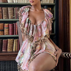 Elegant Casual Sleeveless Pleat Ruffle Deep V-neck Print Hollow Chiffon Mini Dress
