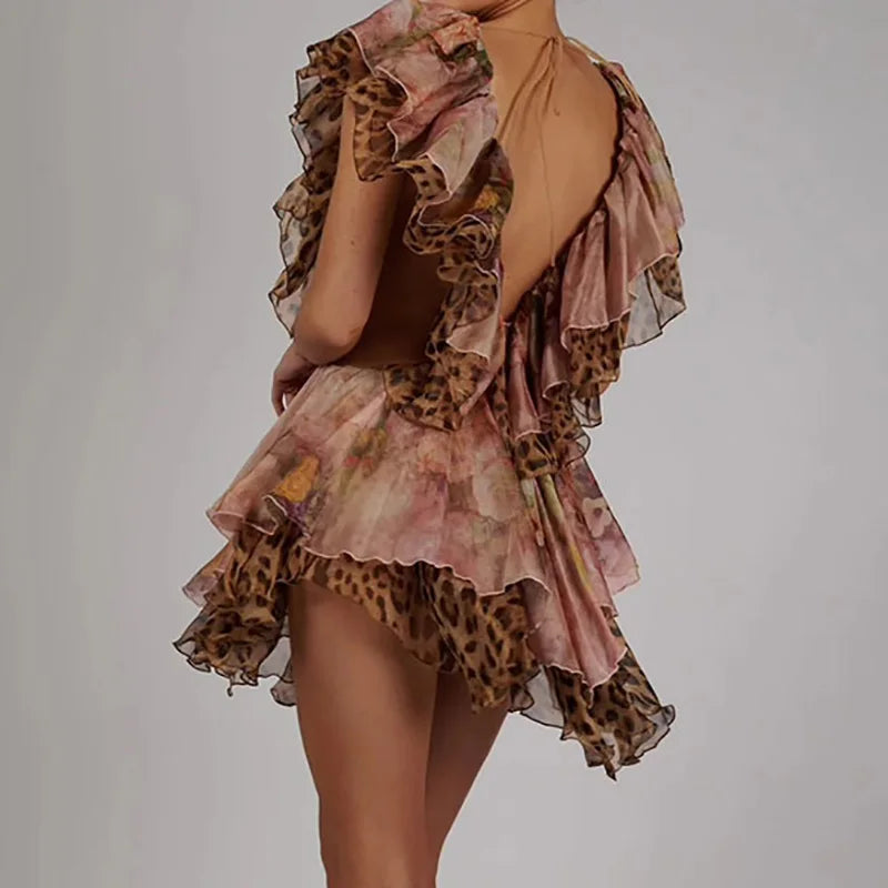 Elegant Casual Sleeveless Pleat Ruffle Deep V-neck Print Hollow Chiffon Mini Dress